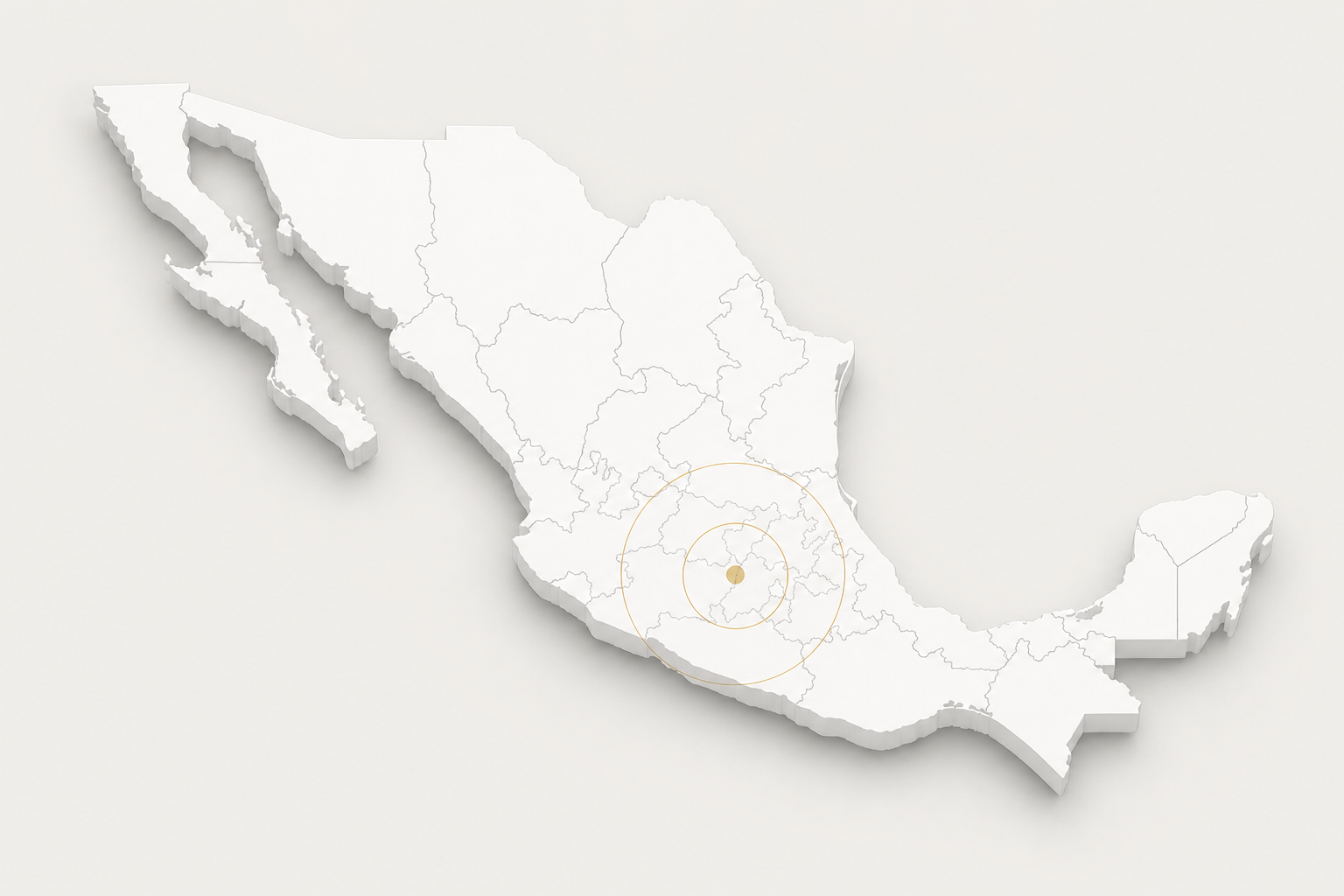 Mapa de México con límites estatales, Querétaro como punto central y radios de referencia de 200 y 400 kilómetros.