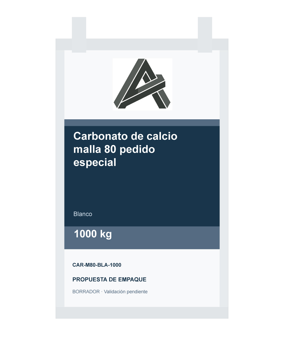 Empaque preliminar de Carbonato de calcio malla 80 pedido especial